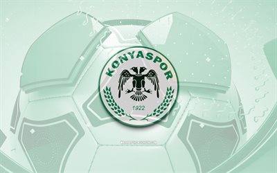 Konyaspor glossy logo, 4K, green football background, Super Lig, soccer, turkish football club, Konyaspor 3D logo, Konyaspor emblem, Konyaspor FC, football, sports logo, Konyaspor