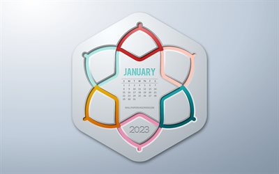 4k, calendario enero 2023, arte infográfico, enero, calendario infografia creativa, 2023 conceptos, elementos infograficos
