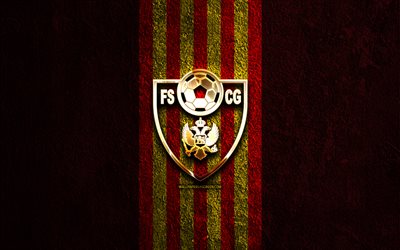 logotipo dorado de la selección de fútbol de montenegro, 4k, fondo de piedra roja, uefa, selecciones nacionales, logotipo de la selección de fútbol de montenegro, fútbol, selección de fútbol de montenegro