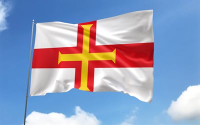 Guernsey flag on flagpole, 4K, European countries, blue sky, flag of Guernsey, Channel Islands, wavy satin flags, Guernsey flag, Guernsey national symbols, flagpole with flags, Day of Guernsey, Europe, Guernsey