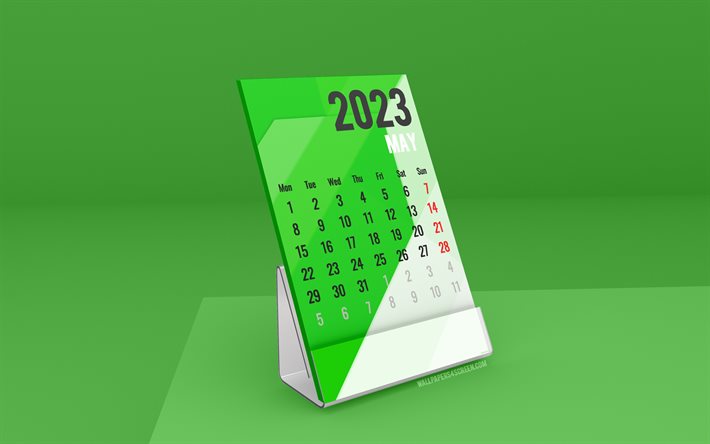 maj 2023 kalender, 4k, stå skrivbordskalendrar, maj, 2023 kalendrar, grön skrivbordskalender, grönt bord, majkalender 2023, vårens kalendrar, 2023 skrivbordskalendrar, 2023 affärsmajkalender
