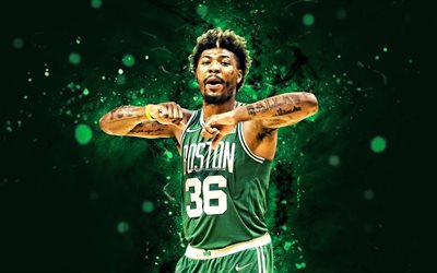 Marcus Smart, 4k, green neon lights, Boston Celtics, NBA, basketball, Marcus Smart 4K, green abstract background, Marcus Smart Boston Celtics