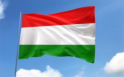 bandeira da hungria no mastro, 4k, países europeus, céu azul, bandeira da hungria, bandeiras de cetim onduladas, bandeira húngara, símbolos nacionais húngaros, mastro com bandeiras, dia da hungria, europa, hungria