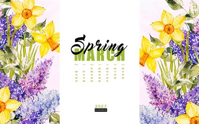 4k, calendario marzo 2023, fondo de primavera acuarela floral, 2023 calendarios de primavera, flores de acuarela, 2023 conceptos, marzo, fondo de primavera