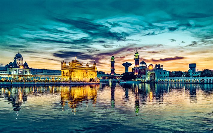 templo dourado, 4k, paisagens noturnas, marcos indianos, amritsar, punjab, índia, ásia, sri harmandir sahib amritsar