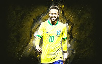 neymar, brasiliens fotbollslandslag, brasiliansk fotbollsspelare, anfallare, gul sten bakgrund, brasilien, fotboll, grunge konst, neymar da silva santos junior