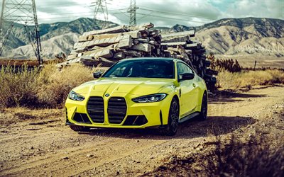 2021, bmw m4, 4k, g82, vista frontale, esterno, coupé sportivo giallo, giallo bmw m4, auto tedesche, m4g82, bmw