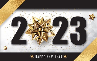 Happy New Year 2023, 4k, golden silk bow, 2023 concepts, 2023 Happy New Year, 2023 black and gold background, 2023 greeting card, 2023 black template