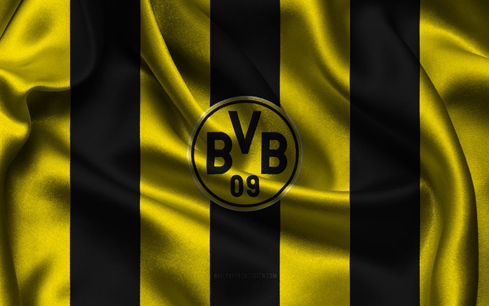 4k, logo del borussia dortmund, tessuto di seta nero giallo, squadra di calcio tedesca, emblema del borussia dortmund, bundesliga, borussia dortmund, germania, calcio, bvb, bandiera del borussia dortmund