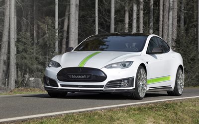 Tesla Model S, 2016 araba, Mansory, ayarlama, elektrikli arabalar, beyaz Tesla