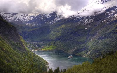 Norveç, fiyort, dağlar, gemi, HDR