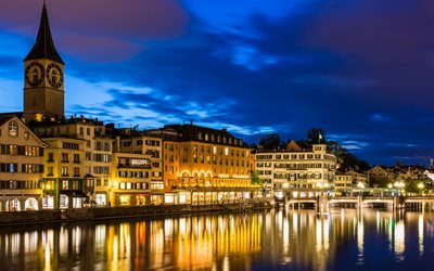 Zurich, noche, luces, terraplén, Suiza