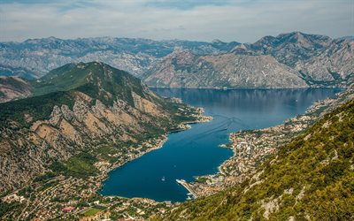 Verano, Kotor, Mar Adriático, a la bahía, vista panorámica, montaña, Montenegro, la Bahía de Kotor