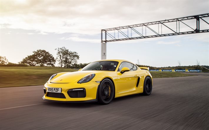 movimiento, sportcars, 2016, Porsche Cayman GT4, pista de carreras, amarillo porsche