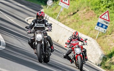 raceway, 2016, Ducati Monster 821, motociclisti, ciclisti, movimento, rosso ducati