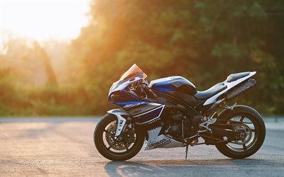 sunset, 2016, Yamaha YZF-R1, sportbikes, blue Yamaha