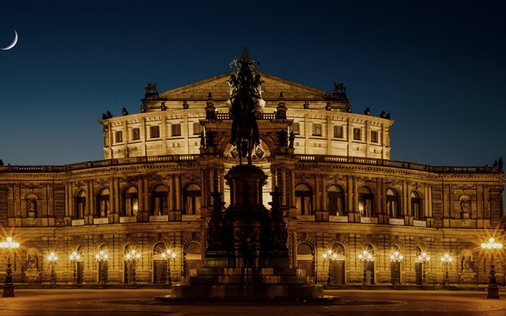 Semper Opera House, night, Germany, Dresden, Semperoper, opera house