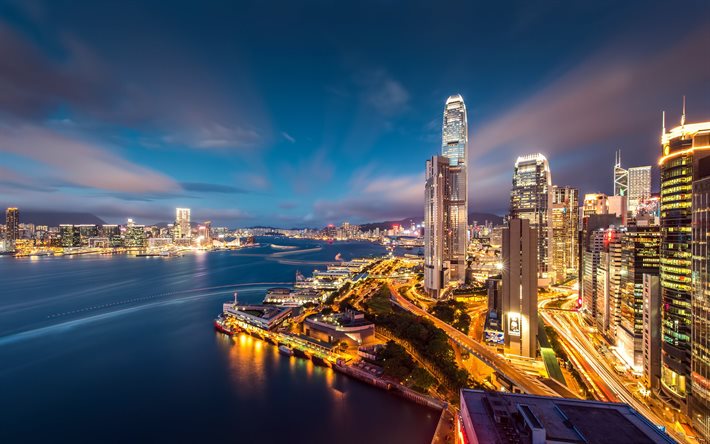 Hong Kong, notte, luci, posti barca, grattacieli, Cina