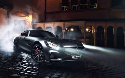 Mercedes-AMG GT S, sportcars, la noche de 2017, los faros, la plata de mercedes