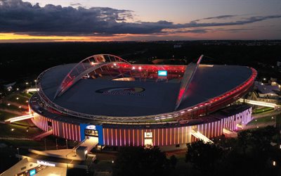 red bull arena, leipzig, deutschland, abend, sonnenuntergang, fußballstadion, rb leipzig, bundesliga, rb leipzig stadion, sportarenen