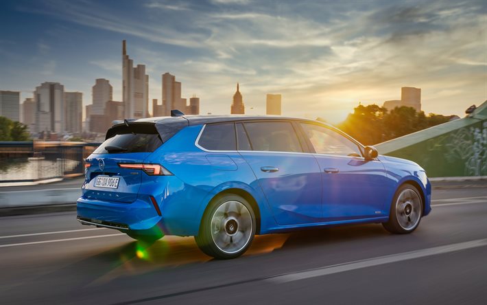 4k, Opel Astra Hybrid Ultimate Sports Tourer, back view, 2022 cars, Opel Astra L, sunset, Blue Opel Astra, 2022 Opel Astra, german cars, Opel