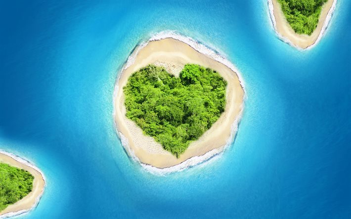 열대 섬, 4k, 조감도, 대양, 하트 아일랜드, 사랑 개념, 파라다이스, 사랑의 섬