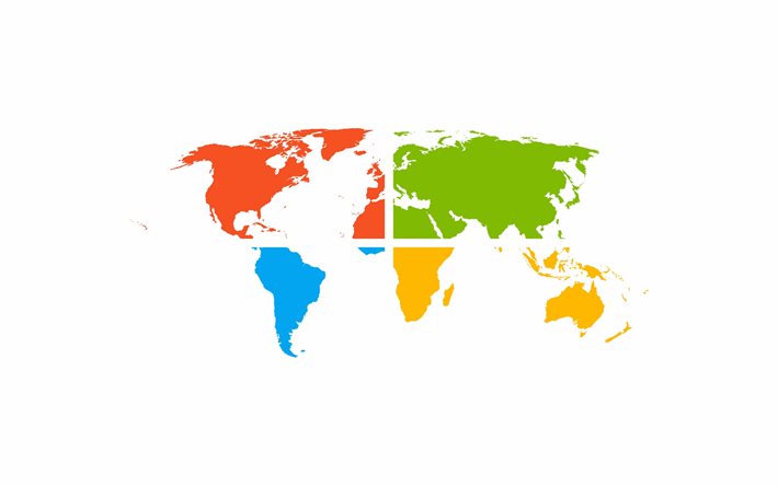 windows logosu, beyaz arka plan, dünya haritaları windows logosu, işletim sistemi, windows, dünya haritası, windows amblemi, dünya haritası kavramları