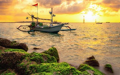 Bali, boats, sunset, tropics, ocean, waves, moss, Indonesia, Asia, horizon, beautiful nature, paradise