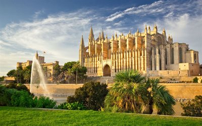 Palma Cathedral, La Seu, Palma, Spain, Cathedral of Santa Maria of Palma, fountains, Palma De Mallorca, Roman Catholic cathedral, landmark, Catholic Church in Spain