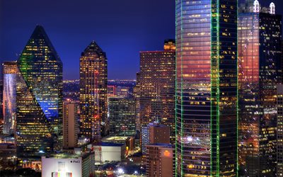 Dallas, night, skyscrapers, city lights, metropolis, Dallas cityscape, Dallas panorama, Texas, USA
