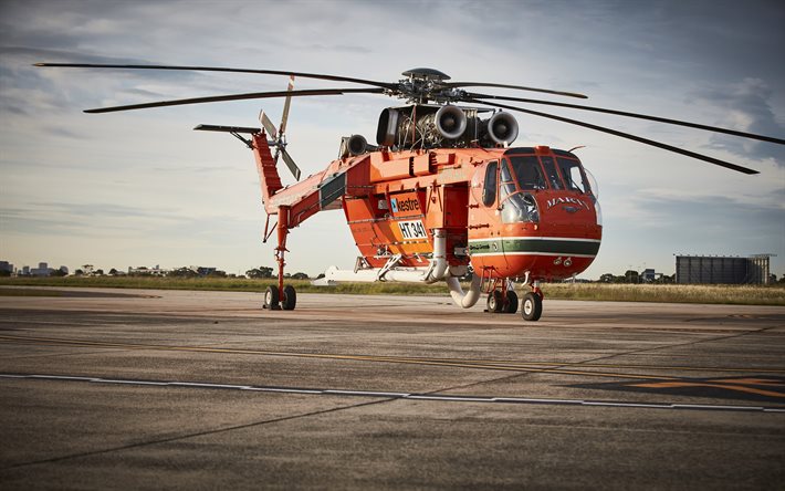 Sikorsky S-64 Skycrane, airport, civil aviation, orange helicopter, air-cranes, heavy-lift helicopters, aviation, Sikorsky, pictures with helicopter, civil aircraft, S-64 Skycrane, Sikorsky Aircraft