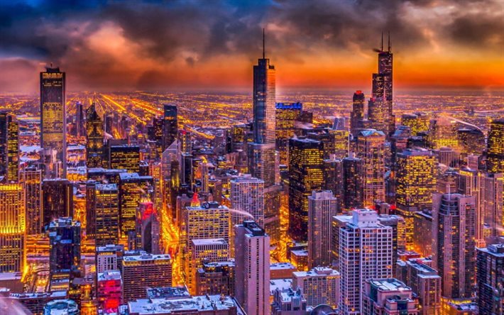 chicago, tarde, puesta de sol, rascacielos, panorama de chicago, willis tower, trump international hotel and tower, paisaje urbano de chicago, illinois, eeuu