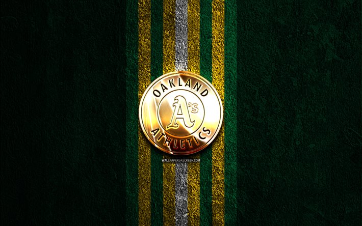 logo dorato di oakland athletics, 4k, sfondo di pietra verde, mlb, squadra di baseball americana, logo di oakland athletics, baseball, oakland athletics