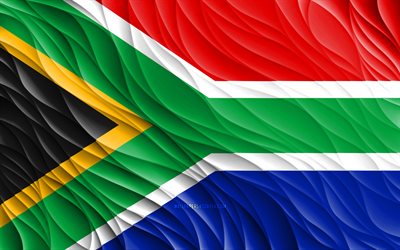 4k, bandera de sudáfrica, banderas 3d onduladas, países africanos, día de sudáfrica, ondas 3d, símbolos nacionales de sudáfrica, sudáfrica