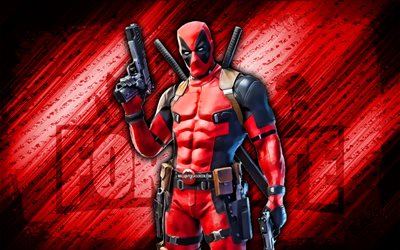Deadpool Fortnite, 4k, red diagonal background, grunge art, Fortnite, artwork, Deadpool Skin, Fortnite characters, Deadpool, Fortnite Deadpool Skin