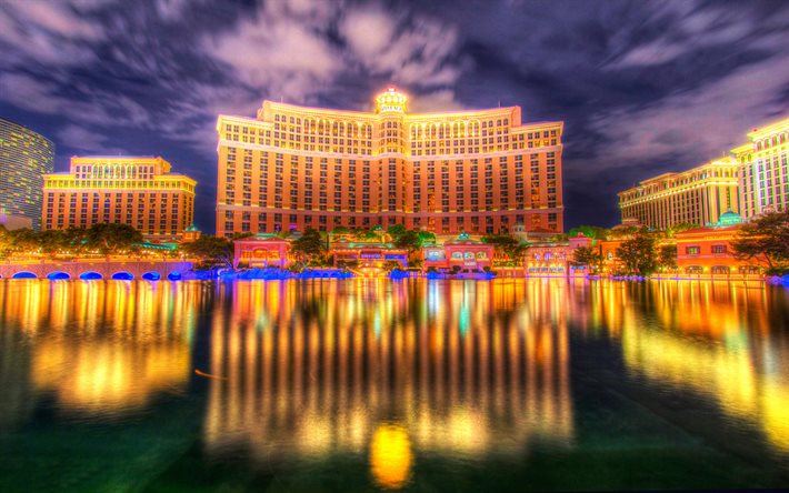 Bellagio Luxury Hotel, night, Las Vegas, hdr, America, USA