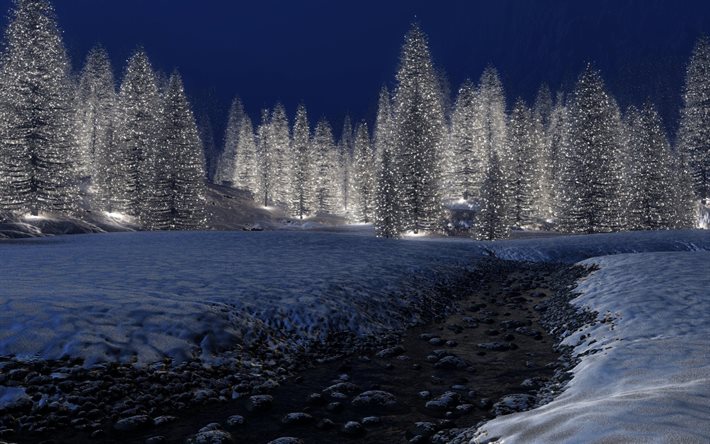 inverno, árvores de natal decoradas, floresta, fantasia