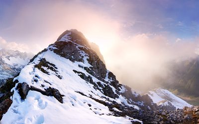 mountain peak, snow-covered rock, mountain range, rock