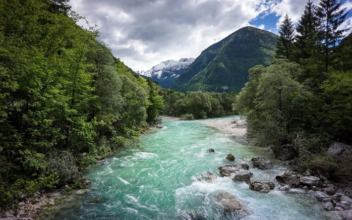 eslovênia, parque nacional, montanhas, foto, triglav, rio de montanha, alpes julianos