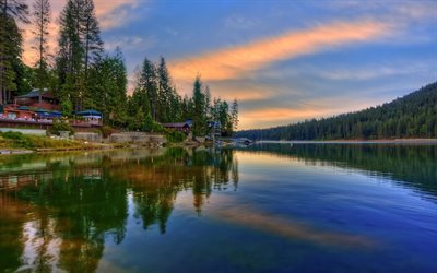 en californie, l'achigan lac, coucher de soleil, etats-unis, le soir, le repos, la forêt, la rivière, beaux paysages