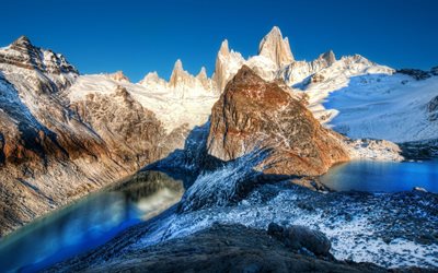 mountain lake, andes, the lake, mountains, argentina, snow, winter