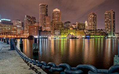 夜, 米国, ボストン, 高層ビル群