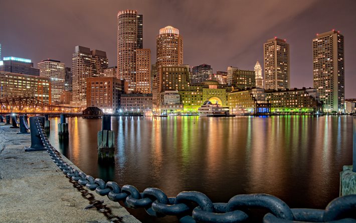 por la noche, estados unidos, boston, los rascacielos