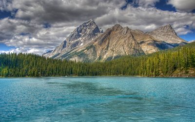 canada, mountains, blue lake, maligne jasper