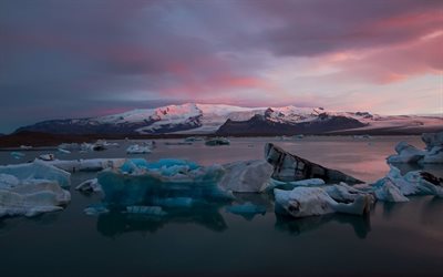 アイスランド, 氷, 朝, 湾, 氷山, 雪, 美しい夜明け