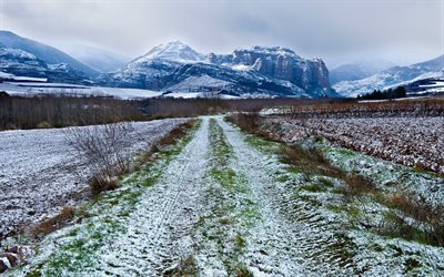 snow, field road, snow-covered road, mountains, winter, field