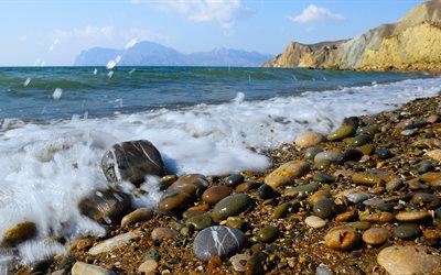 costa, pedras, montanhas, onda, água, mar, espuma, crimeia, natureza, spray