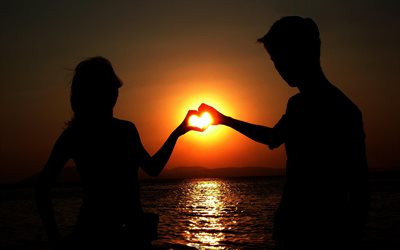 heart, the sun, sunset, sea, people, pair, girl, guy, hands
