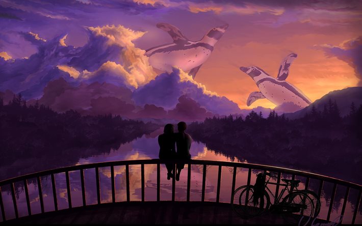 bisiklet, nehir, köprü, gökyüzü, gece, romantizm, bulutlar, kız, penguenler, adam, sanat, çift, şekil