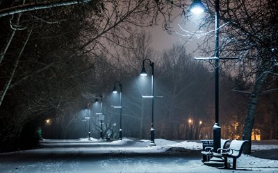 la plaza, la ciudad, el parque, invierno, nieve, noche, luces